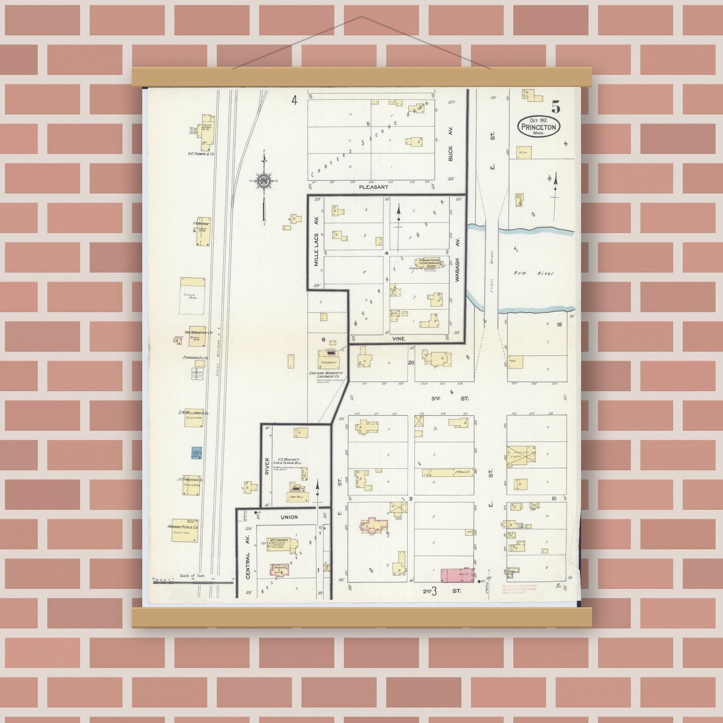 Old map wall art mockup — magnetic wood frame on brick wall — Sanborn Fire Insurance Map from Princeton, Mille Lacs County, Minnesota (1912), Sheet #0005