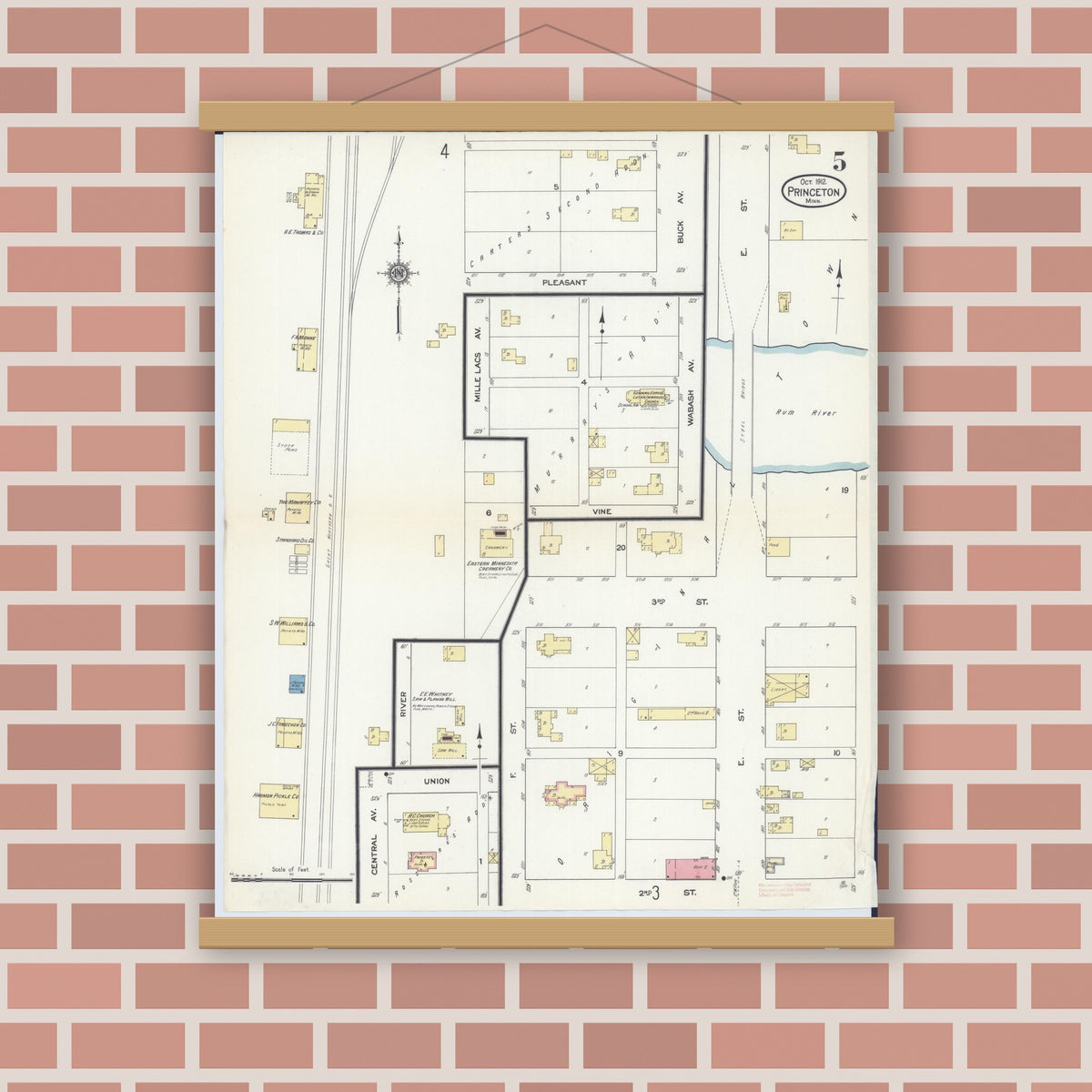Old map wall art mockup — magnetic wood frame on brick wall — Sanborn Fire Insurance Map from Princeton, Mille Lacs County, Minnesota (1912), Sheet #0005