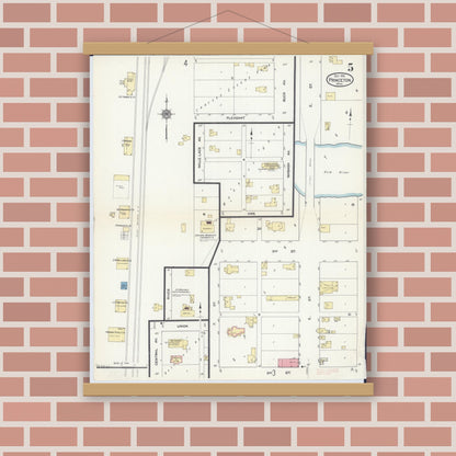 Old map wall art mockup — magnetic wood frame on brick wall — Sanborn Fire Insurance Map from Princeton, Mille Lacs County, Minnesota (1912), Sheet #0005