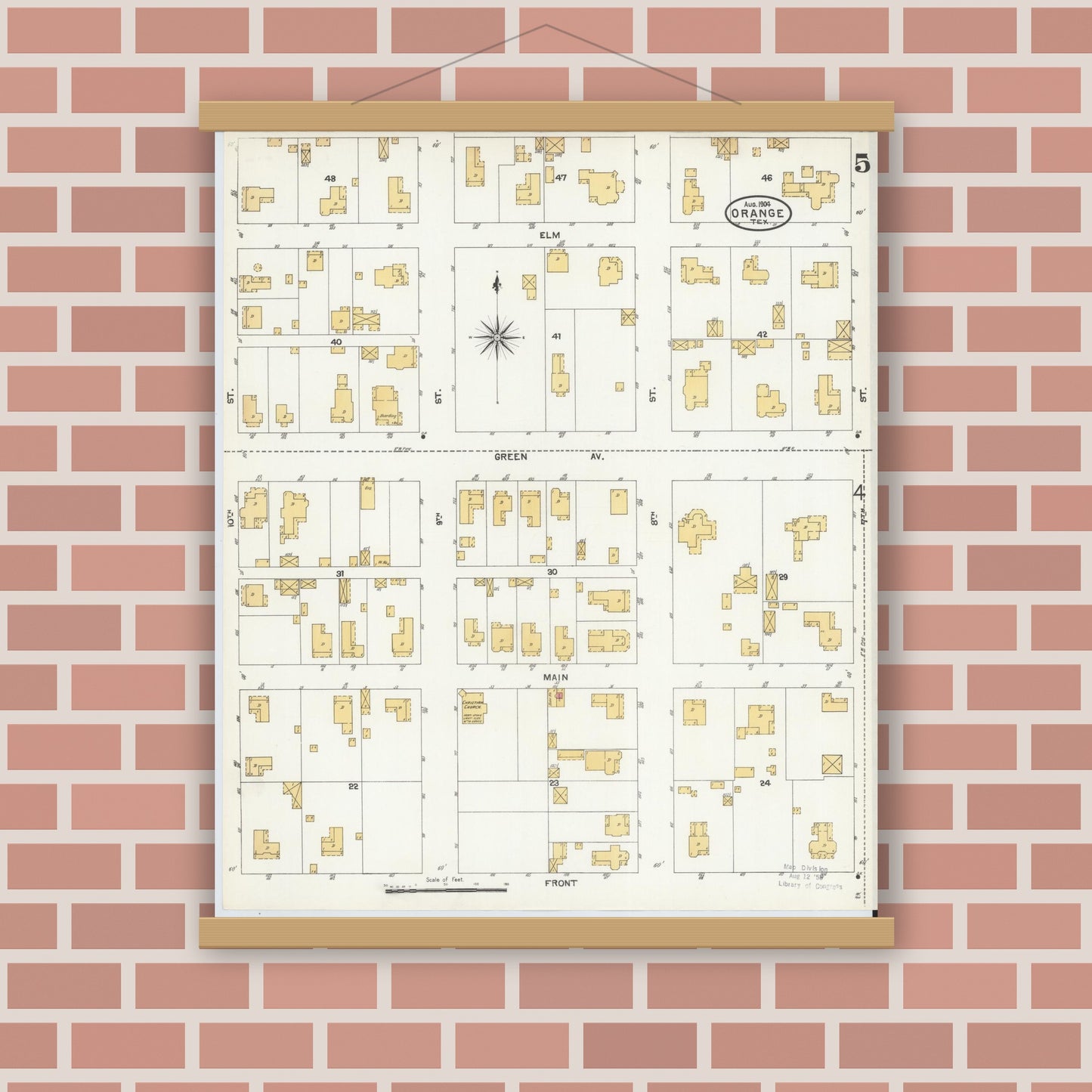 Old map wall art mockup — magnetic wood frame on brick wall — Sanborn Fire Insurance Map from Orange, Orange County, Texas (1904), Sheet #0005