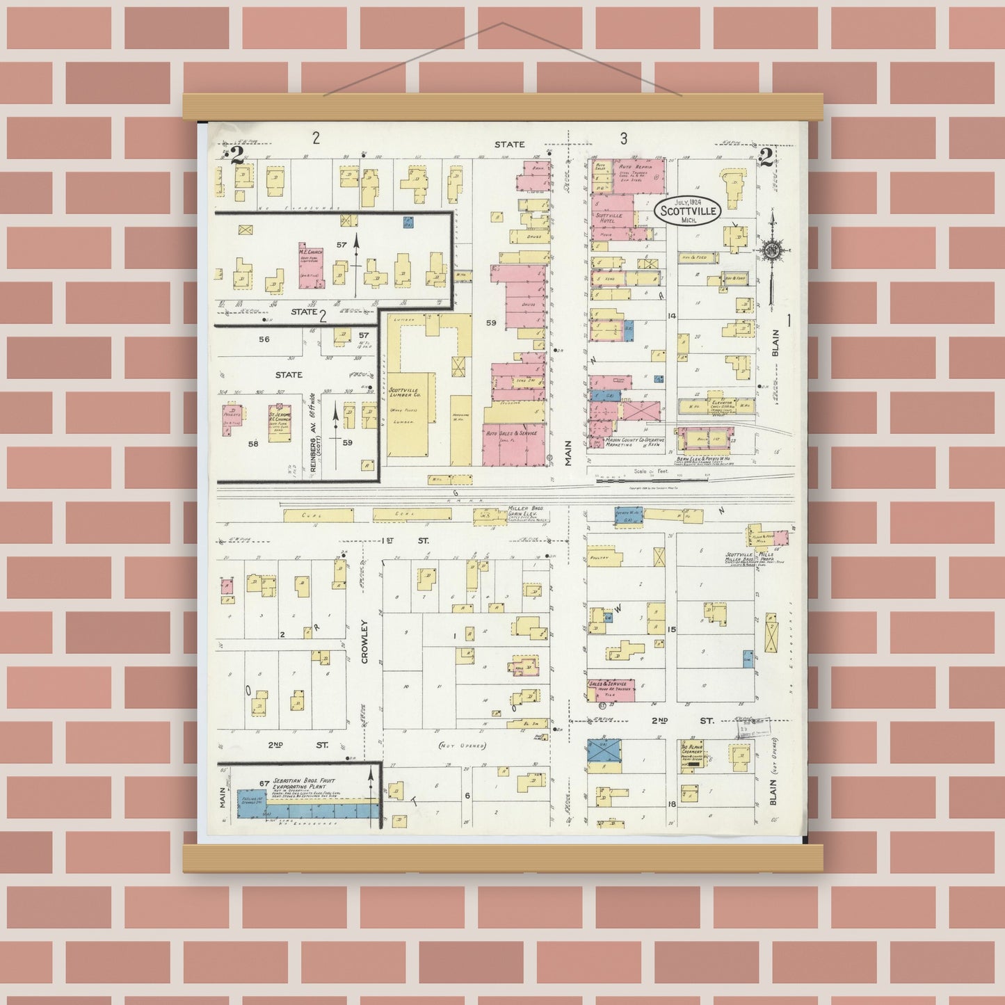 Old map wall art mockup — magnetic wood frame on brick wall — Sanborn Fire Insurance Map from Scottville, Mason County, Michigan (1924), Sheet #0002