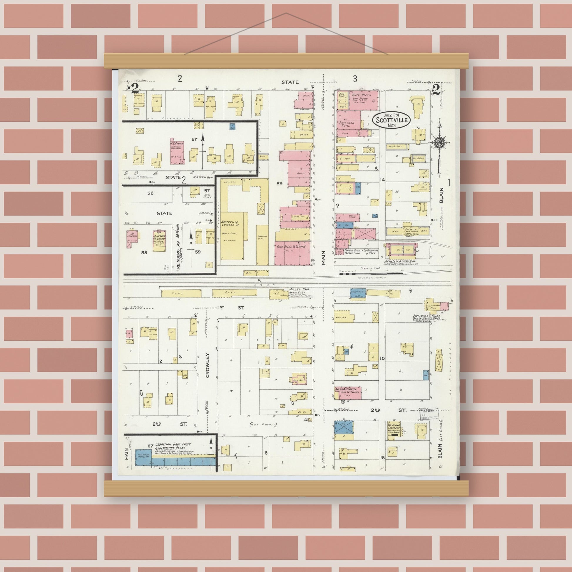 Old map wall art mockup — magnetic wood frame on brick wall — Sanborn Fire Insurance Map from Scottville, Mason County, Michigan (1924), Sheet #0002