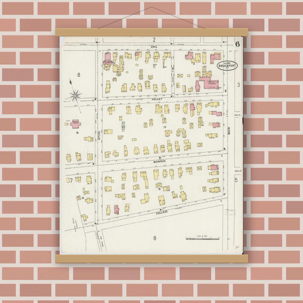 Old map wall art mockup — magnetic wood frame on brick wall — Sanborn Fire Insurance Map from Brockport, Monroe County, New York (1898), Sheet #0006