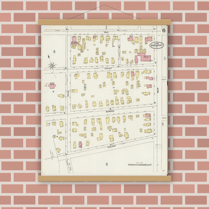 Old map wall art mockup — magnetic wood frame on brick wall — Sanborn Fire Insurance Map from Brockport, Monroe County, New York (1898), Sheet #0006
