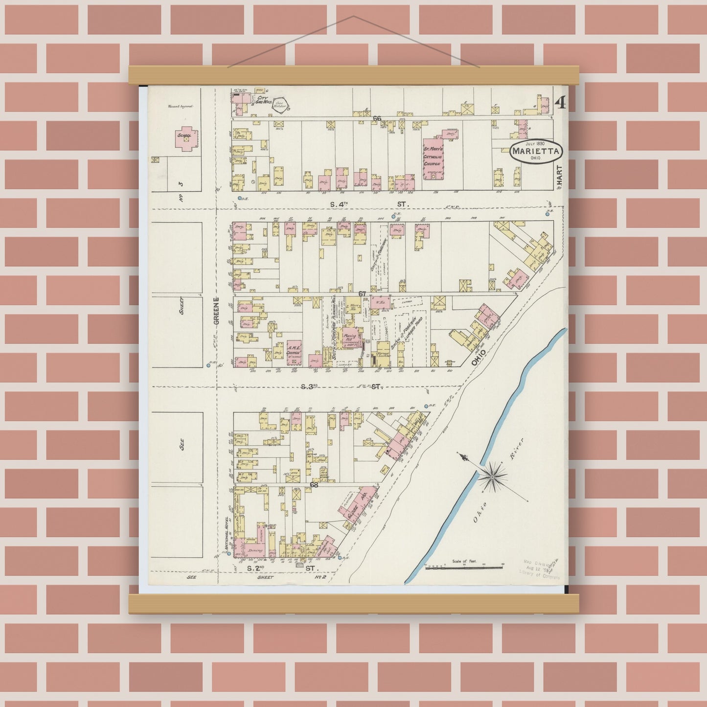 Old map wall art mockup — magnetic wood frame on brick wall — Sanborn Fire Insurance Map from Marietta, Washington County, Ohio (1890), Sheet #0004