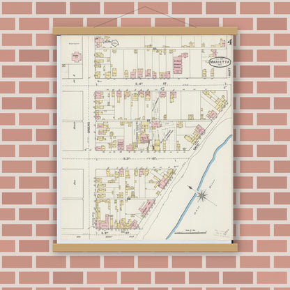 Old map wall art mockup — magnetic wood frame on brick wall — Sanborn Fire Insurance Map from Marietta, Washington County, Ohio (1890), Sheet #0004