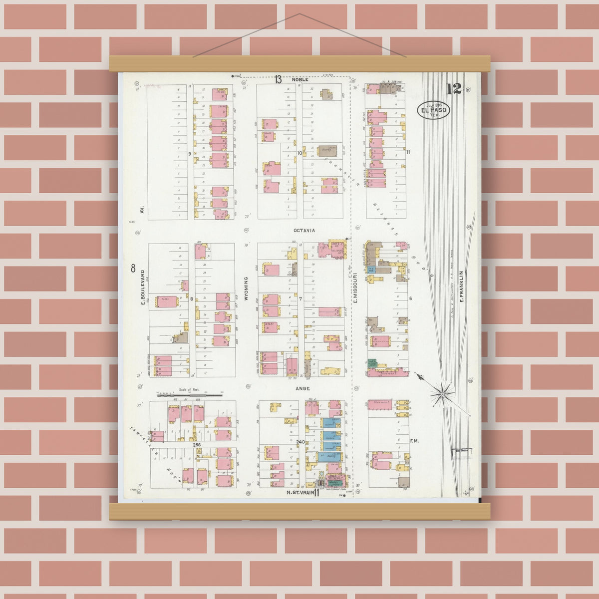Old map wall art mockup — magnetic wood frame on brick wall — Sanborn Fire Insurance Map from El Paso, El Paso County, Texas (1905), Sheet #0012