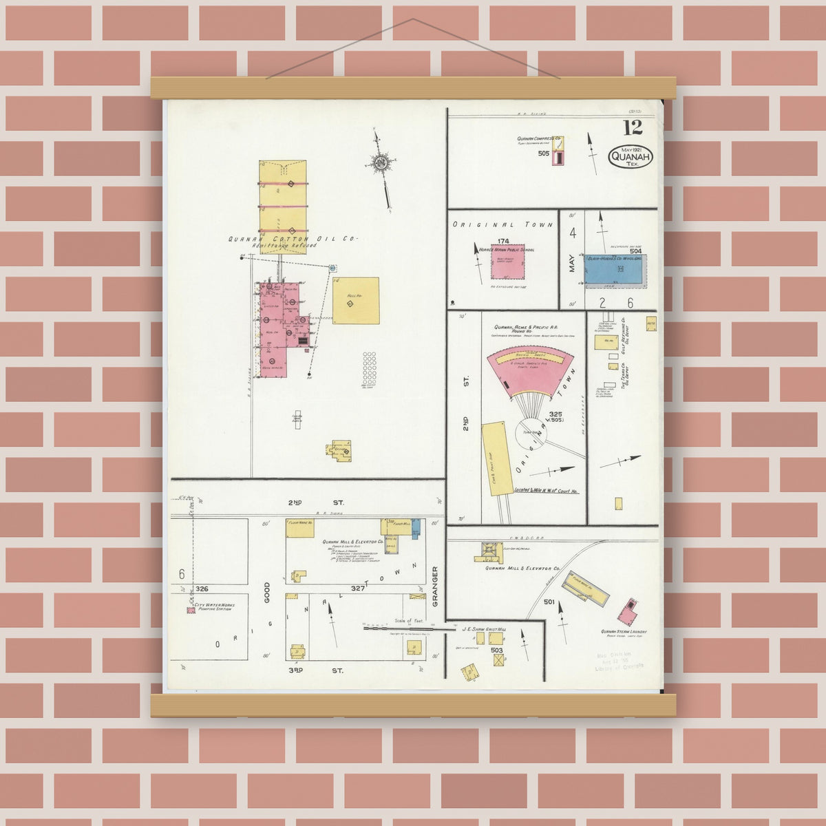 Old map wall art mockup — magnetic wood frame on brick wall — Sanborn Fire Insurance Map from Quanah, Hardeman County, Texas (1921), Sheet #0012