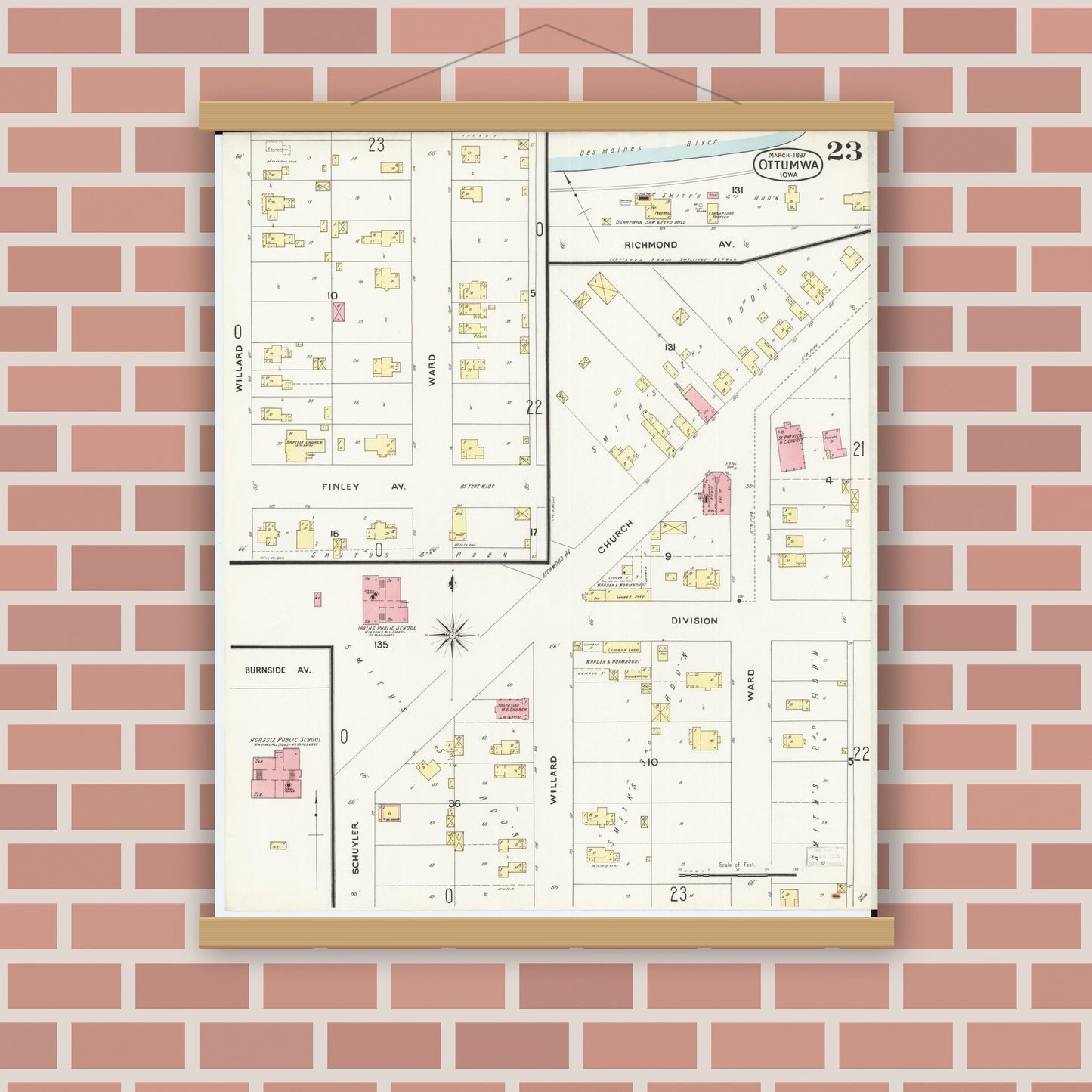 Old map wall art mockup — magnetic wood frame on brick wall — Sanborn Fire Insurance Map from Ottumwa, Wapello County, Iowa (1897), Sheet #0023
