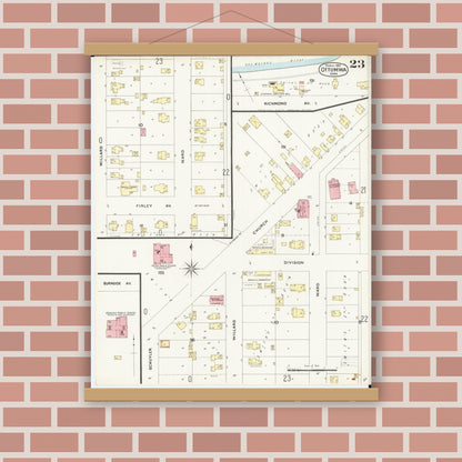 Old map wall art mockup — magnetic wood frame on brick wall — Sanborn Fire Insurance Map from Ottumwa, Wapello County, Iowa (1897), Sheet #0023