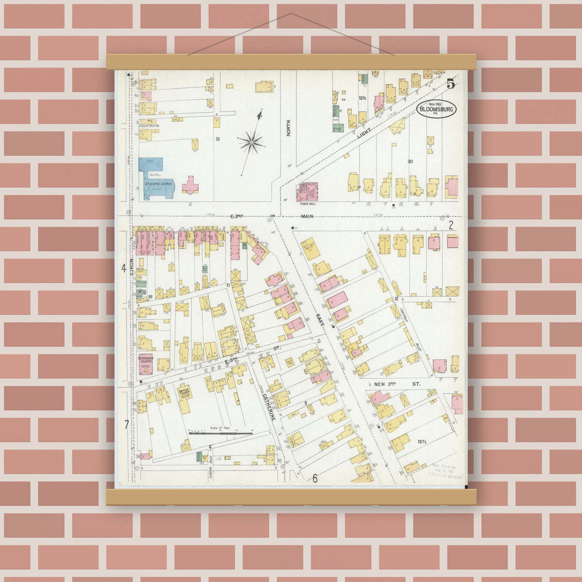 Old map wall art mockup — magnetic wood frame on brick wall — Sanborn Fire Insurance Map from Bloomsburg, Columbia County, Pennsylvania (1901), Sheet #0005