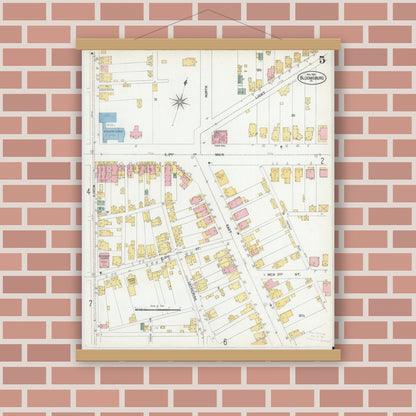 Old map wall art mockup — magnetic wood frame on brick wall — Sanborn Fire Insurance Map from Bloomsburg, Columbia County, Pennsylvania (1901), Sheet #0005