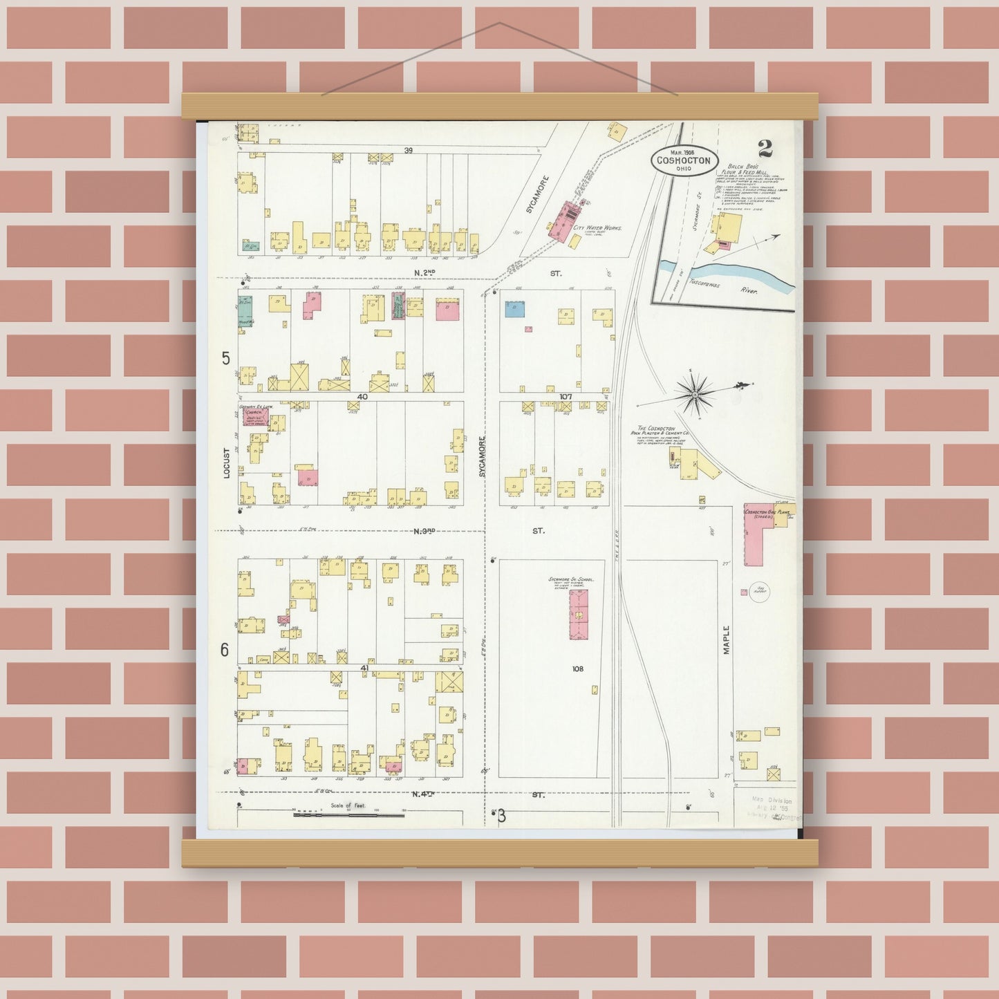 Old map wall art mockup — magnetic wood frame on brick wall — Sanborn Fire Insurance Map from Coshocton, Coshocton County, Ohio (1905), Sheet #0002