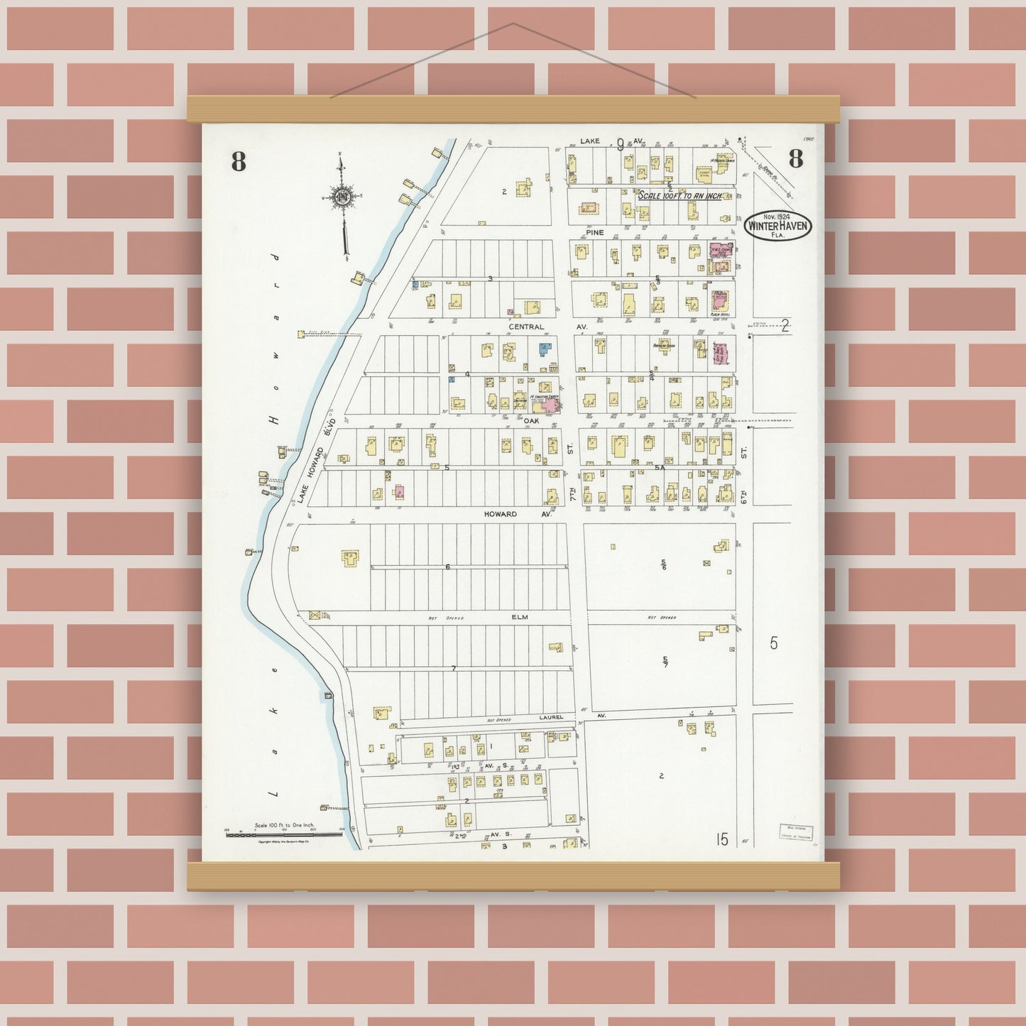 Old map wall art mockup — magnetic wood frame on brick wall — Sanborn Fire Insurance Map from Winter Haven, Polk County, Florida (1924), Sheet #0008