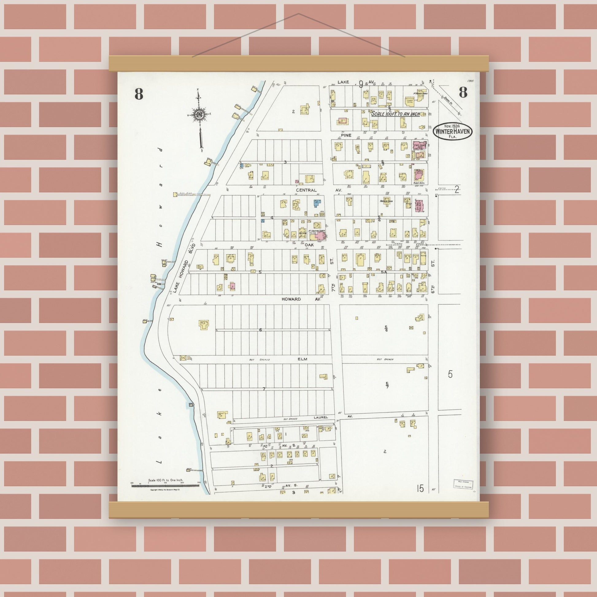 Old map wall art mockup — magnetic wood frame on brick wall — Sanborn Fire Insurance Map from Winter Haven, Polk County, Florida (1924), Sheet #0008