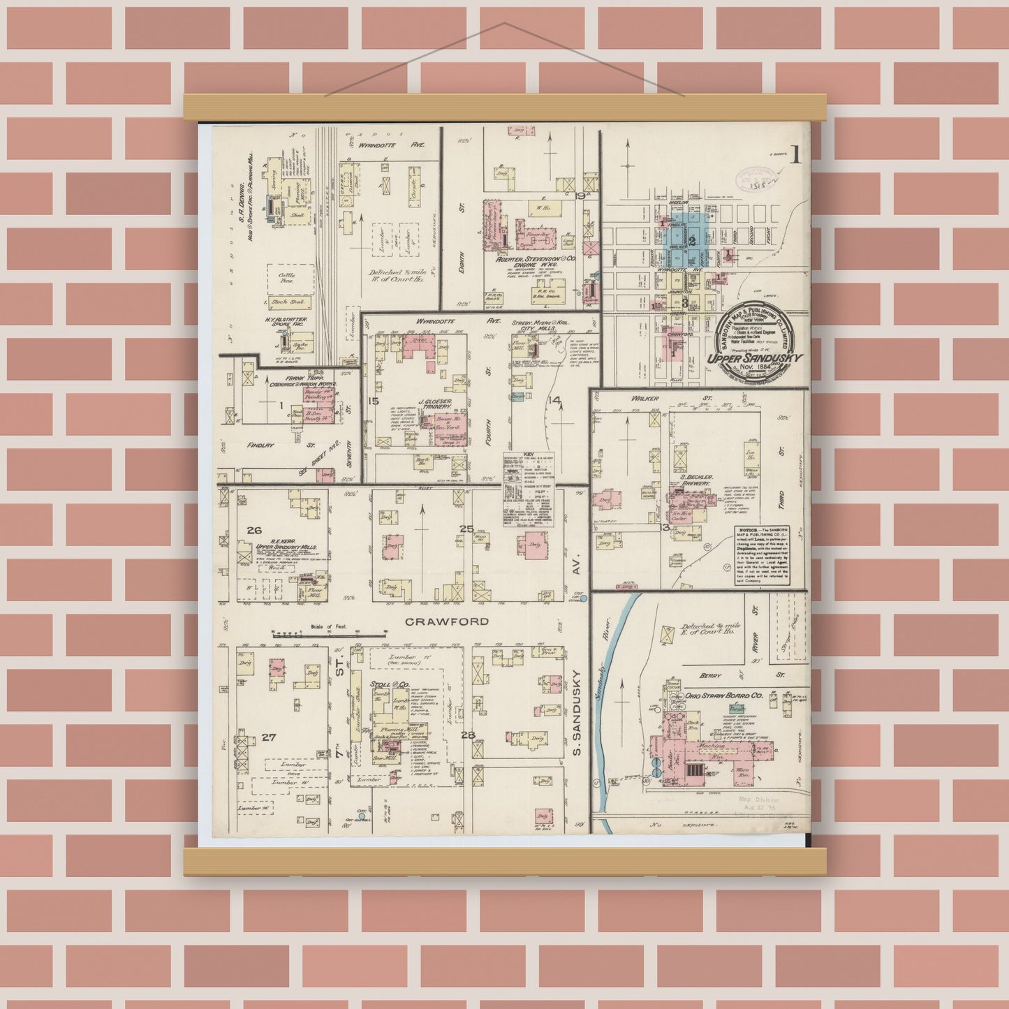 Old map wall art mockup — magnetic wood frame on brick wall — Sanborn Fire Insurance Map from Upper Sandusky, Wyandot County, Ohio (1884), Sheet #0001