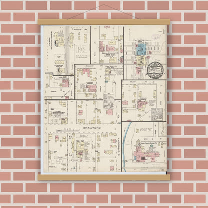 Old map wall art mockup — magnetic wood frame on brick wall — Sanborn Fire Insurance Map from Upper Sandusky, Wyandot County, Ohio (1884), Sheet #0001