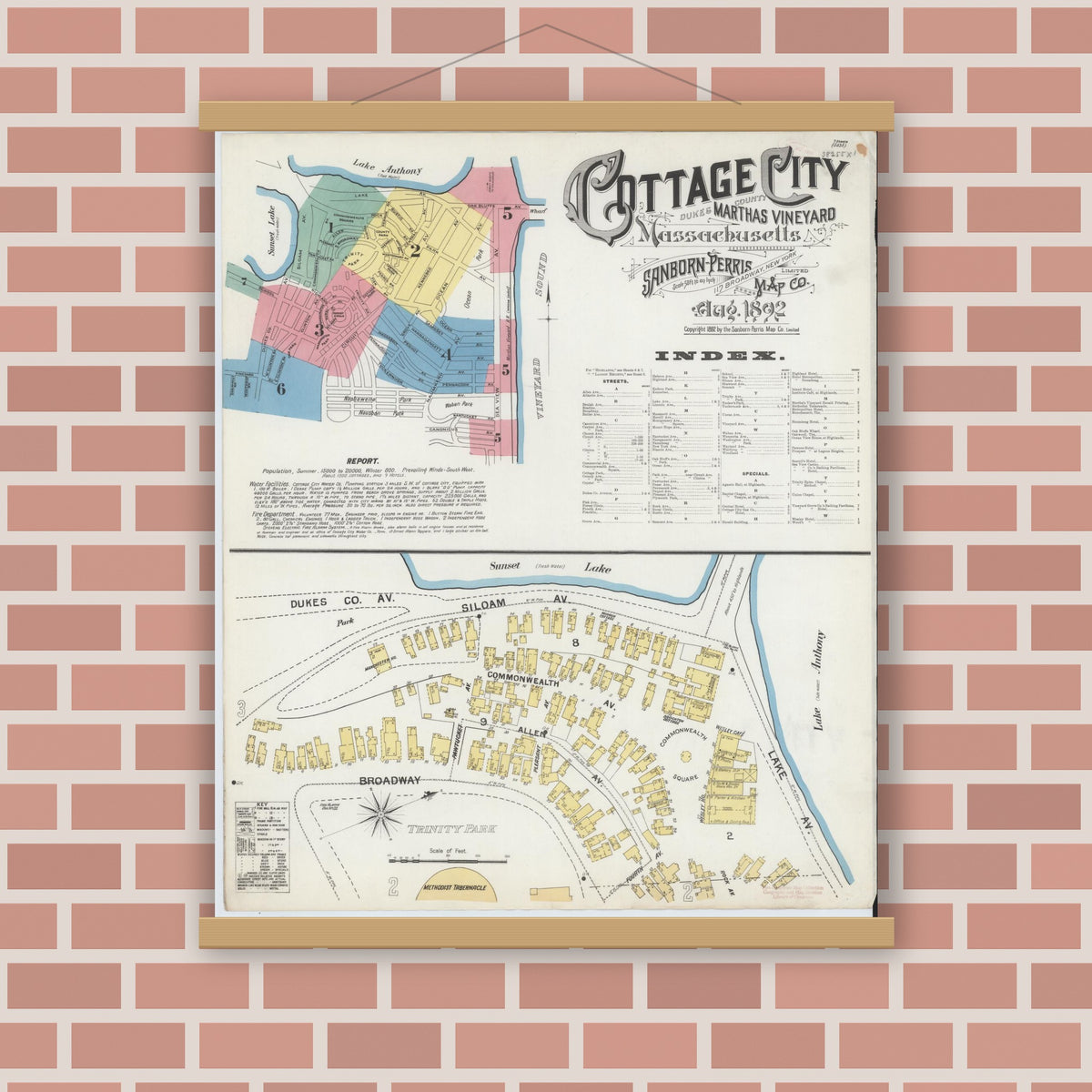 Old map wall art mockup — magnetic wood frame on brick wall — Sanborn Fire Insurance Map from Cottage City, Dukes County, Massachusetts (1892) - Complete Map Set