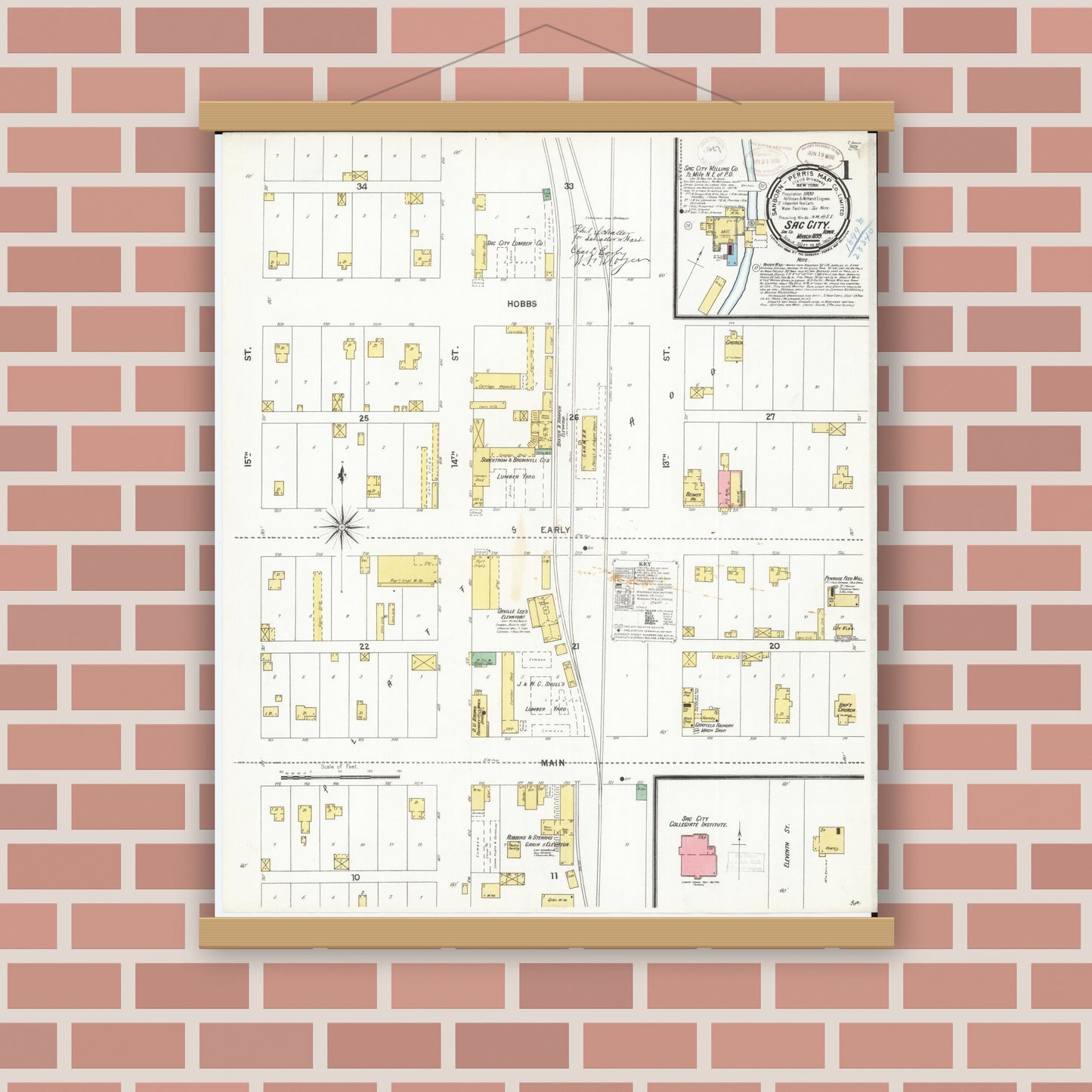Old map wall art mockup — magnetic wood frame on brick wall — Sanborn Fire Insurance Map from Sac City, Sac County, Iowa (1899), Sheet #0001