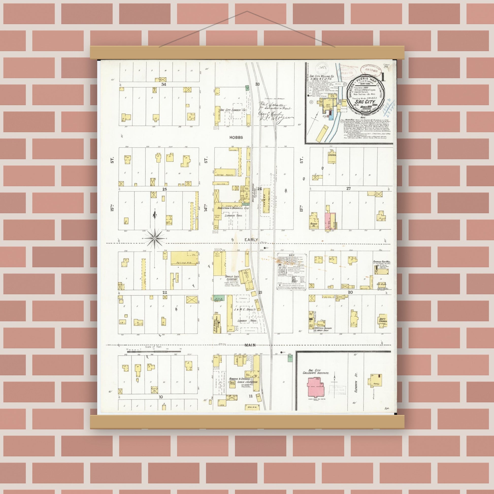 Old map wall art mockup — magnetic wood frame on brick wall — Sanborn Fire Insurance Map from Sac City, Sac County, Iowa (1899), Sheet #0001