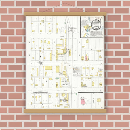 Old map wall art mockup — magnetic wood frame on brick wall — Sanborn Fire Insurance Map from Sac City, Sac County, Iowa (1899), Sheet #0001