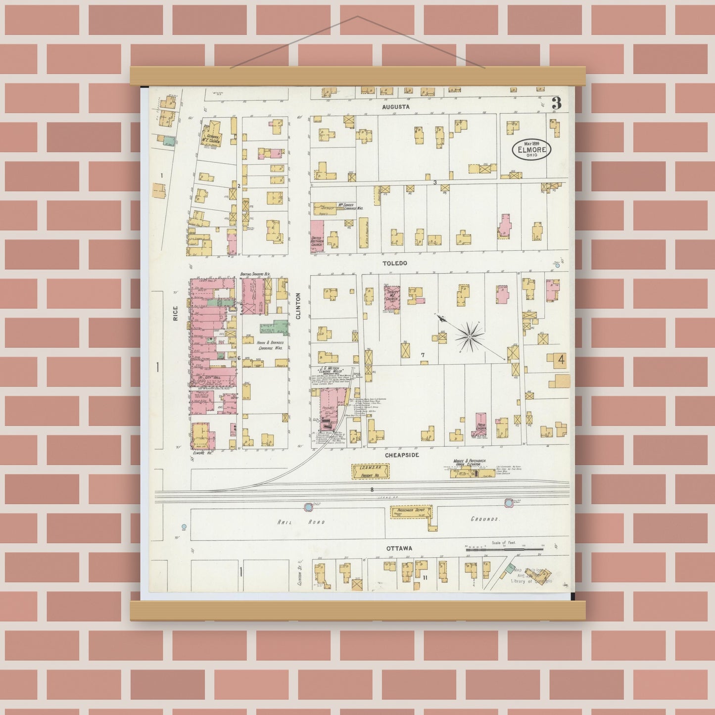 Old map wall art mockup — magnetic wood frame on brick wall — Sanborn Fire Insurance Map from Elmore, Ottawa County, Ohio (1899), Sheet #0003