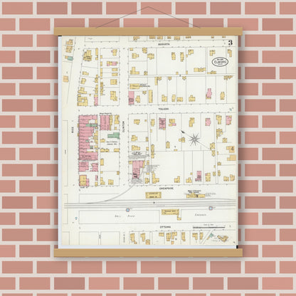 Old map wall art mockup — magnetic wood frame on brick wall — Sanborn Fire Insurance Map from Elmore, Ottawa County, Ohio (1899), Sheet #0003