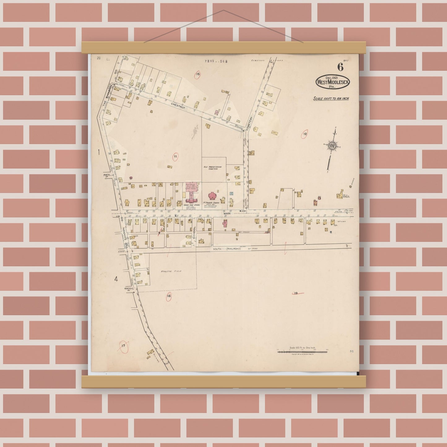 Old map wall art mockup — magnetic wood frame on brick wall — Sanborn Fire Insurance Map from West Middlesex, Mercer County, Pennsylvania (1937), Sheet #0006