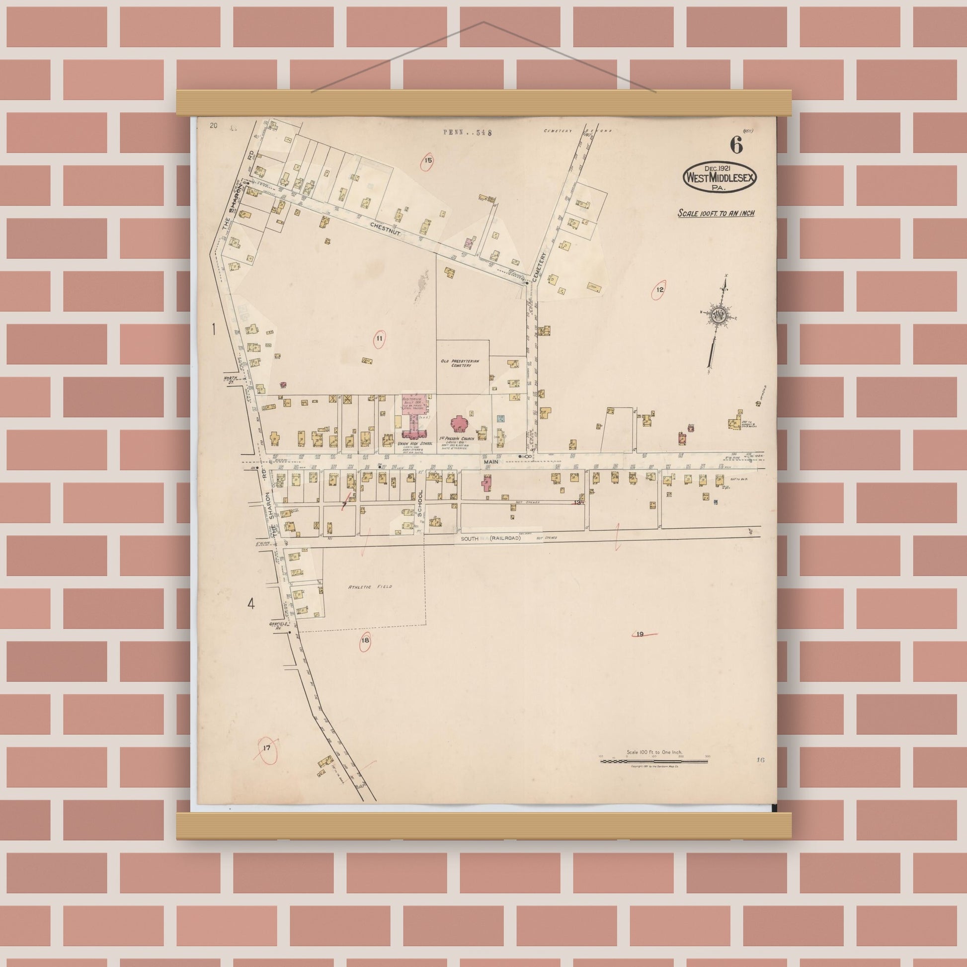 Old map wall art mockup — magnetic wood frame on brick wall — Sanborn Fire Insurance Map from West Middlesex, Mercer County, Pennsylvania (1937), Sheet #0006