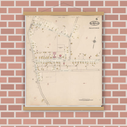 Old map wall art mockup — magnetic wood frame on brick wall — Sanborn Fire Insurance Map from West Middlesex, Mercer County, Pennsylvania (1937), Sheet #0006