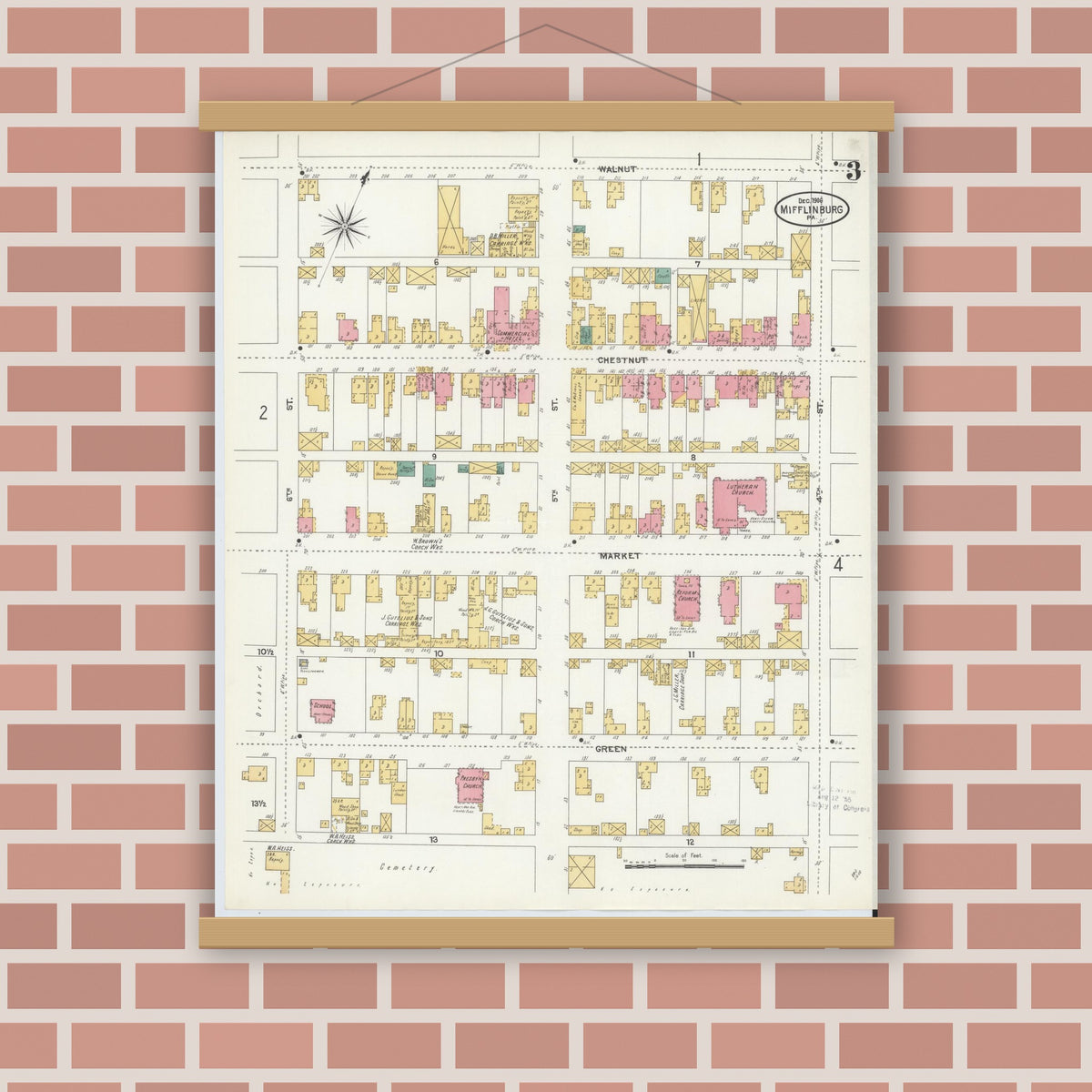 Old map wall art mockup — magnetic wood frame on brick wall — Sanborn Fire Insurance Map from Mifflinburg, Union County, Pennsylvania (1906), Sheet #0003