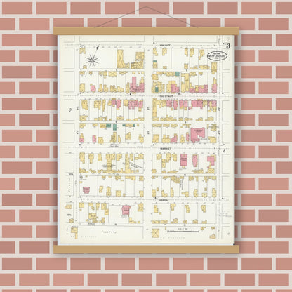 Old map wall art mockup — magnetic wood frame on brick wall — Sanborn Fire Insurance Map from Mifflinburg, Union County, Pennsylvania (1906), Sheet #0003