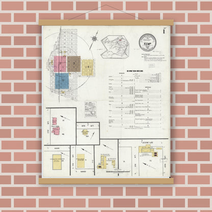 Old map wall art mockup — magnetic wood frame on brick wall — Sanborn Fire Insurance Map from Kemp, Kaufman County, Texas (1921), Sheet #0001