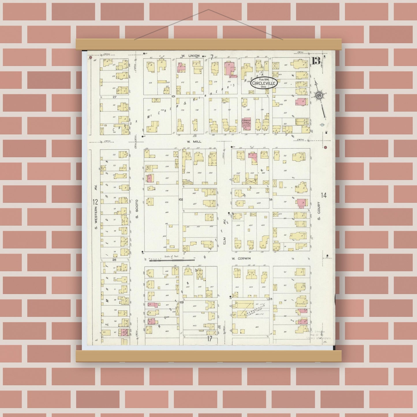 Old map wall art mockup — magnetic wood frame on brick wall — Sanborn Fire Insurance Map from Circleville, Pickaway County, Ohio (1914), Sheet #0013