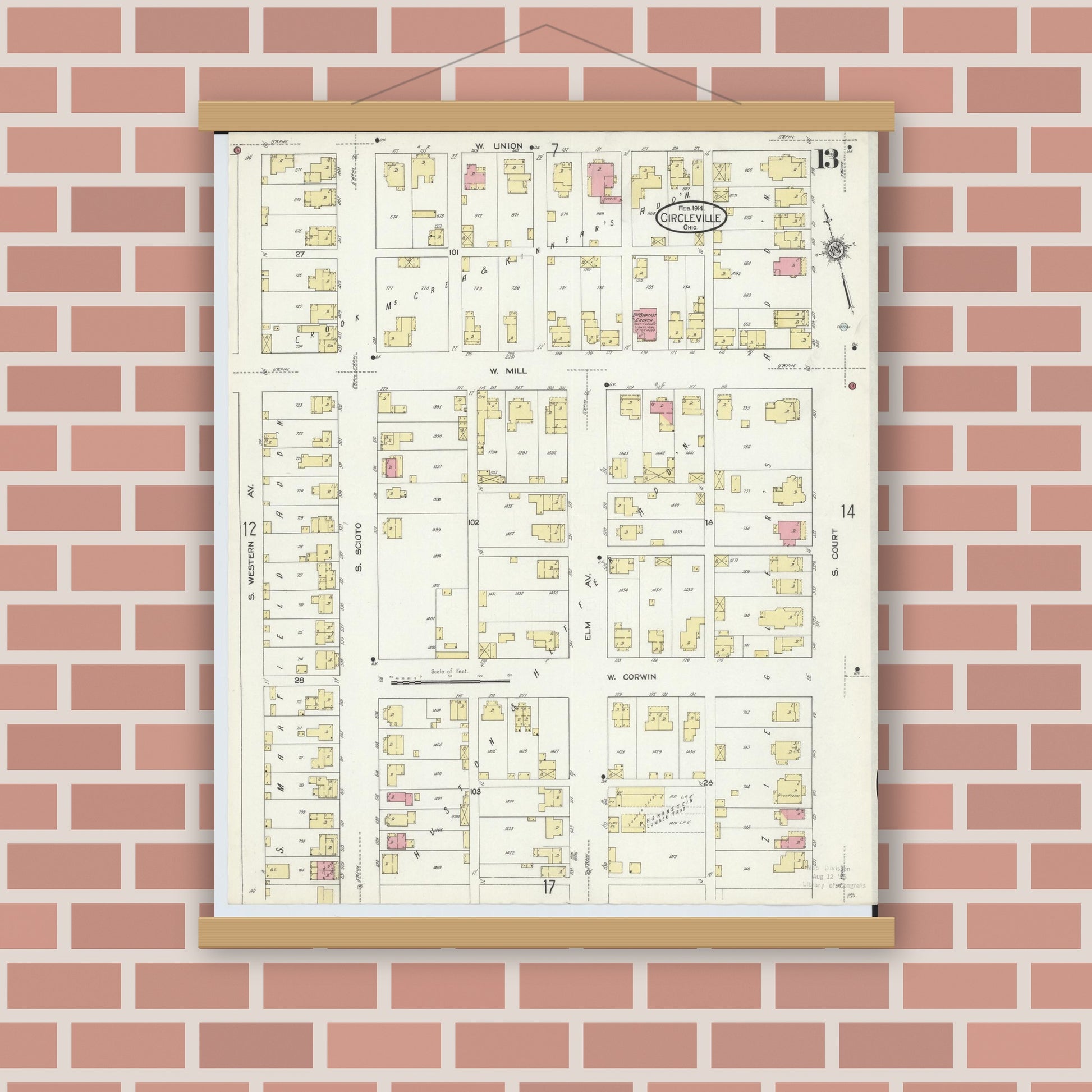 Old map wall art mockup — magnetic wood frame on brick wall — Sanborn Fire Insurance Map from Circleville, Pickaway County, Ohio (1914), Sheet #0013