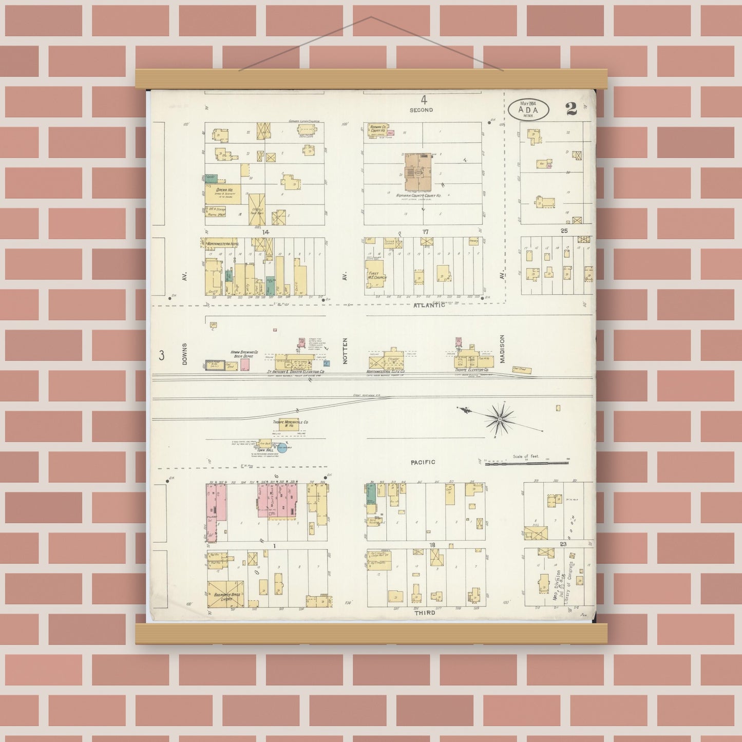 Old map wall art mockup — magnetic wood frame on brick wall — Sanborn Fire Insurance Map from Ada, Norman County, Minnesota (1904), Sheet #0002