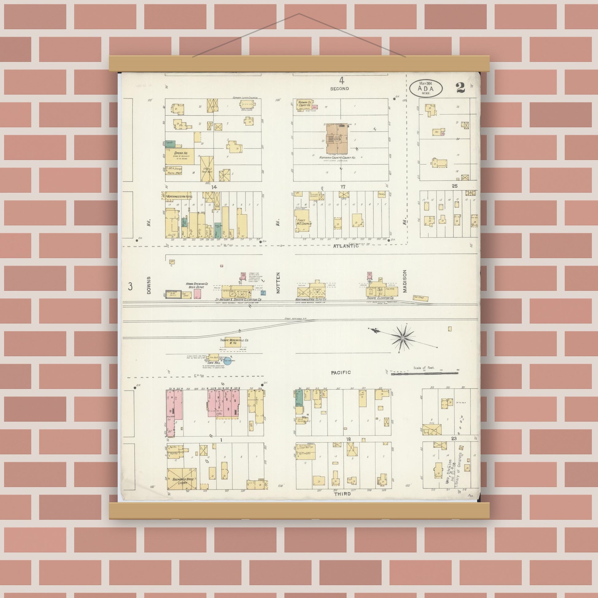 Old map wall art mockup — magnetic wood frame on brick wall — Sanborn Fire Insurance Map from Ada, Norman County, Minnesota (1904), Sheet #0002
