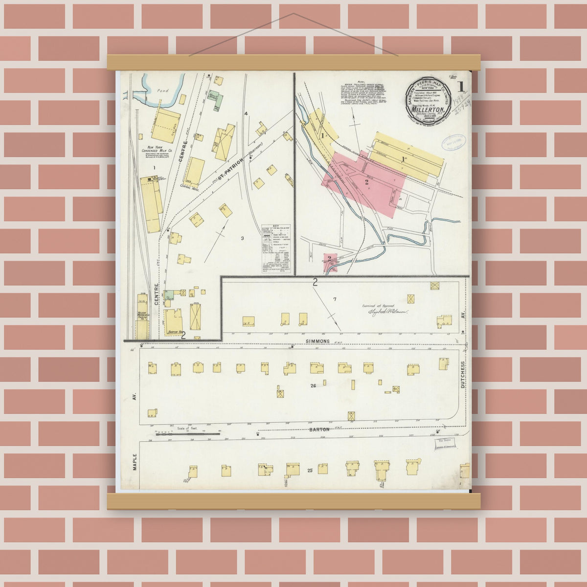 Old map wall art mockup — magnetic wood frame on brick wall — Sanborn Fire Insurance Map from Millerton, Dutchess County, New York (1898), Sheet #0001