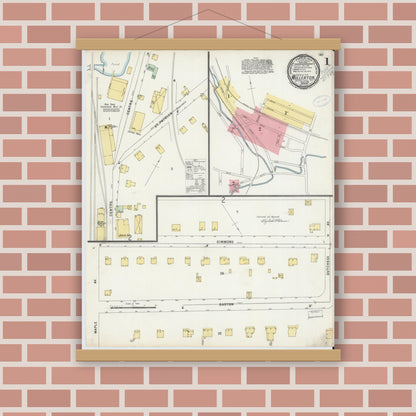 Old map wall art mockup — magnetic wood frame on brick wall — Sanborn Fire Insurance Map from Millerton, Dutchess County, New York (1898), Sheet #0001