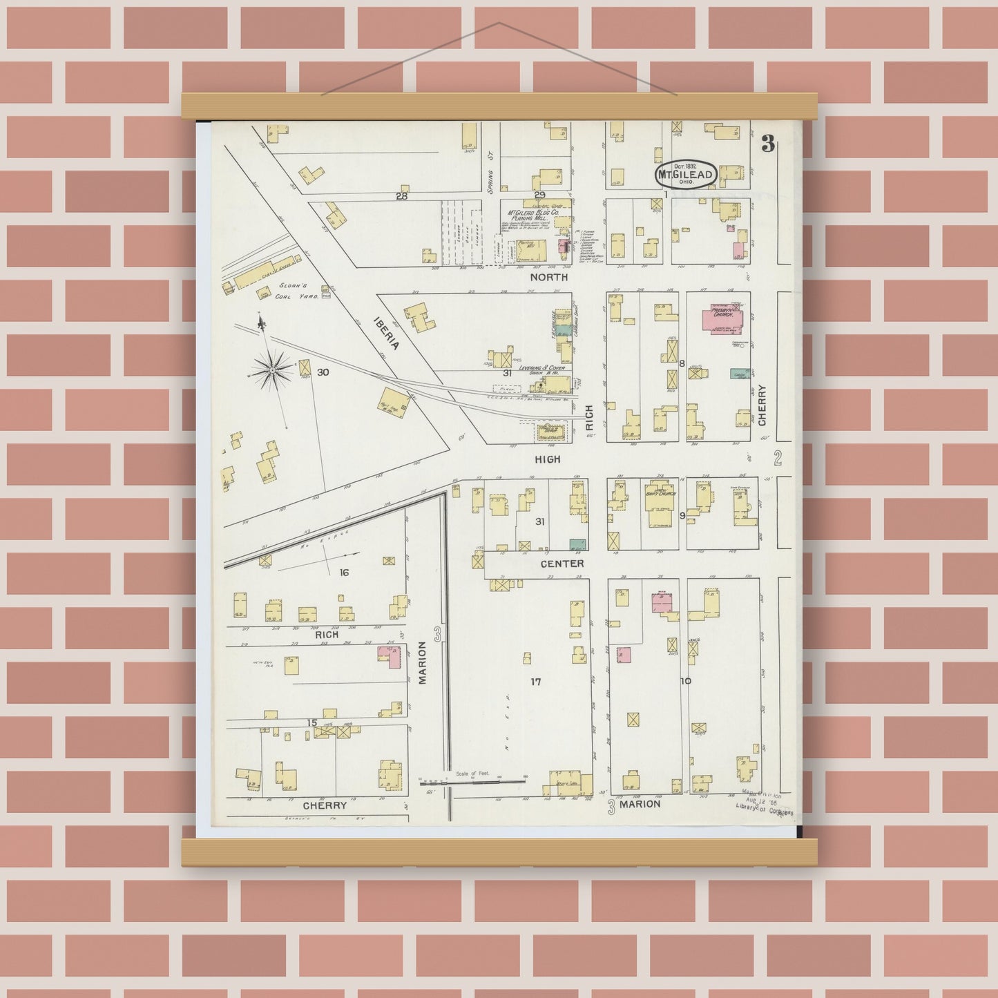 Old map wall art mockup — magnetic wood frame on brick wall — Sanborn Fire Insurance Map from Mount Gilead, Morrow County, Ohio (1892), Sheet #0003