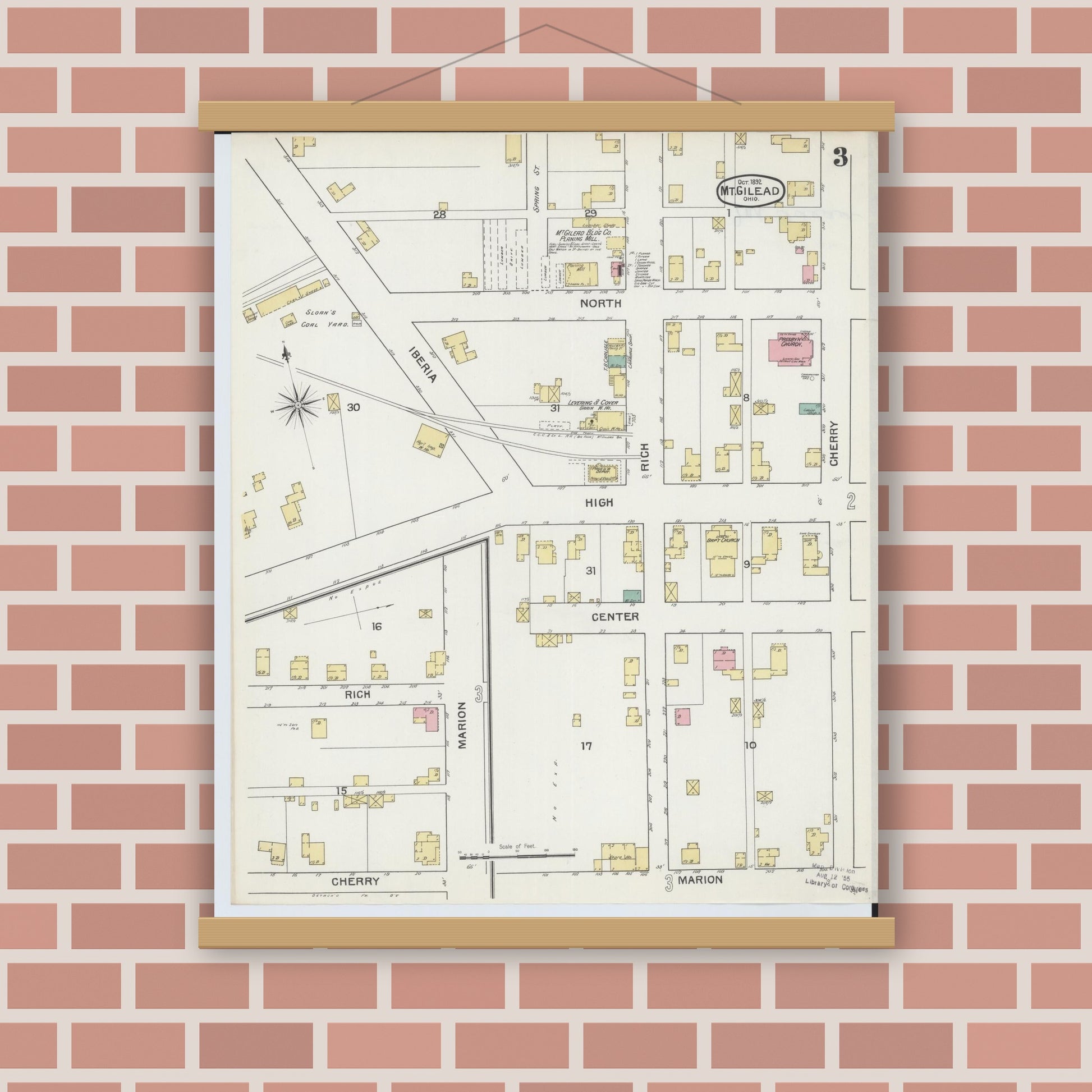 Old map wall art mockup — magnetic wood frame on brick wall — Sanborn Fire Insurance Map from Mount Gilead, Morrow County, Ohio (1892), Sheet #0003