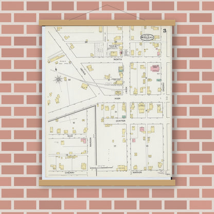 Old map wall art mockup — magnetic wood frame on brick wall — Sanborn Fire Insurance Map from Mount Gilead, Morrow County, Ohio (1892), Sheet #0003