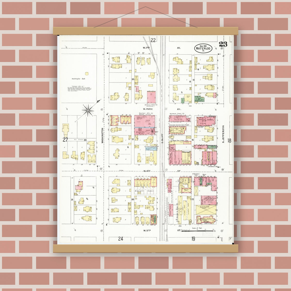 Old map wall art mockup — magnetic wood frame on brick wall — Sanborn Fire Insurance Map from Waterloo, Black Hawk County, Iowa (1906), Sheet #0023