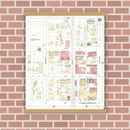 Old map wall art mockup — magnetic wood frame on brick wall — Sanborn Fire Insurance Map from Waterloo, Black Hawk County, Iowa (1906), Sheet #0023