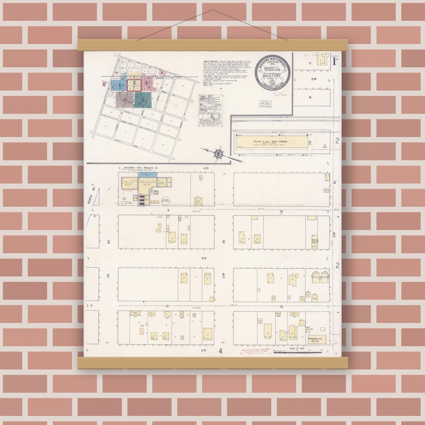 Old map wall art mockup — magnetic wood frame on brick wall — Sanborn Fire Insurance Map from Gustine, Merced County, California (1920), Sheet #0001
