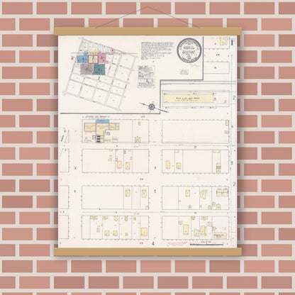 Old map wall art mockup — magnetic wood frame on brick wall — Sanborn Fire Insurance Map from Gustine, Merced County, California (1920), Sheet #0001