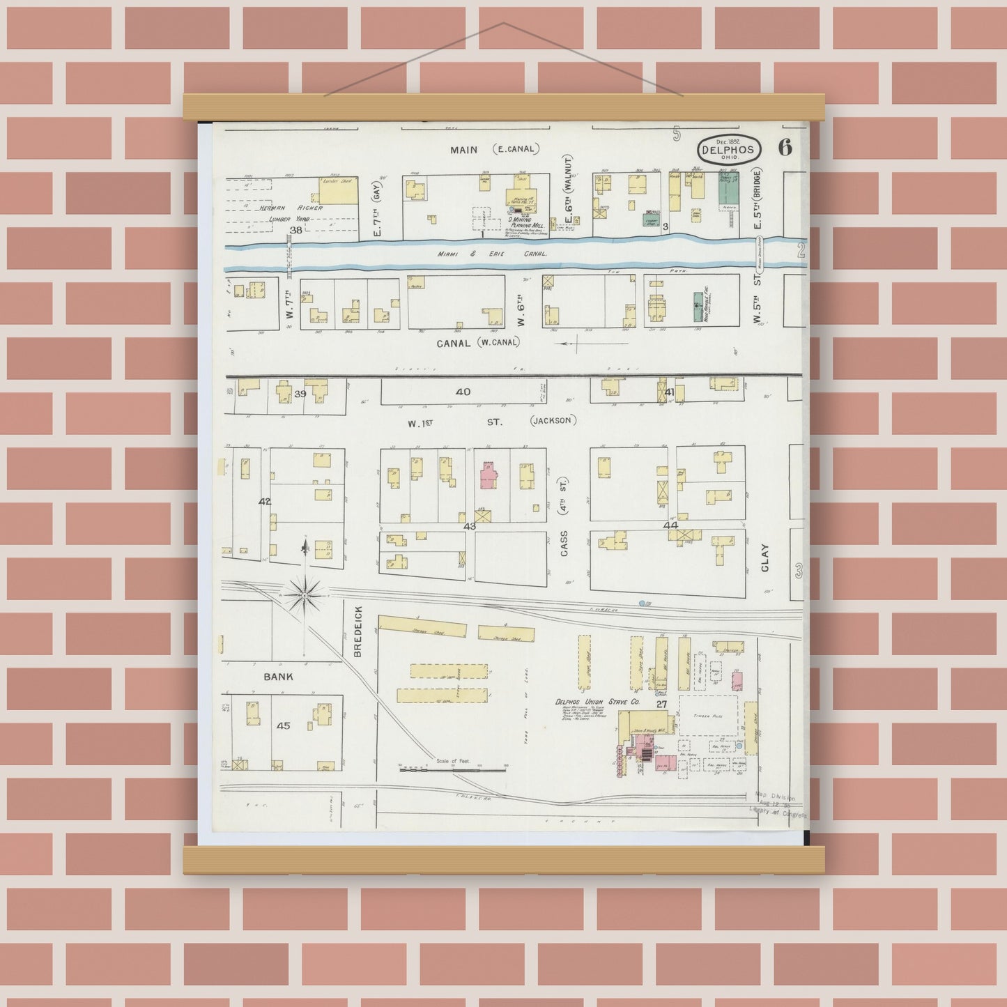 Old map wall art mockup — magnetic wood frame on brick wall — Sanborn Fire Insurance Map from Delphos, Van Wert And Allen Counties, Ohio (1892), Sheet #0006