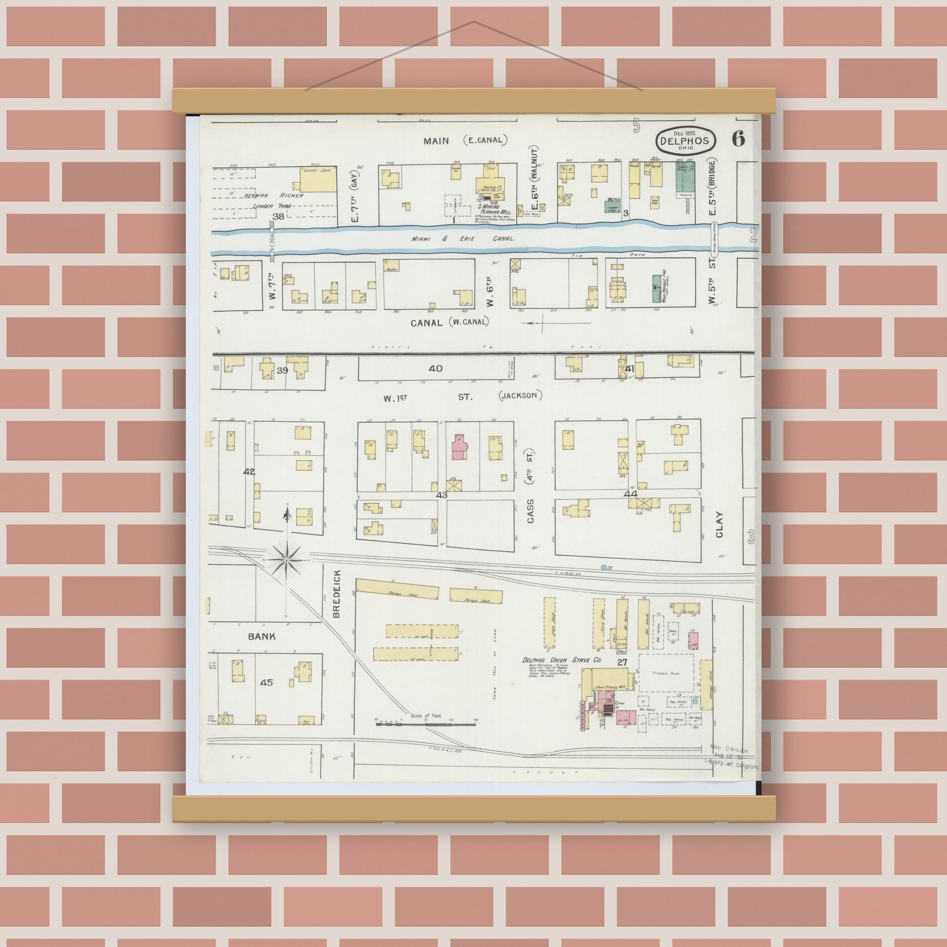 Old map wall art mockup — magnetic wood frame on brick wall — Sanborn Fire Insurance Map from Delphos, Van Wert And Allen Counties, Ohio (1892), Sheet #0006