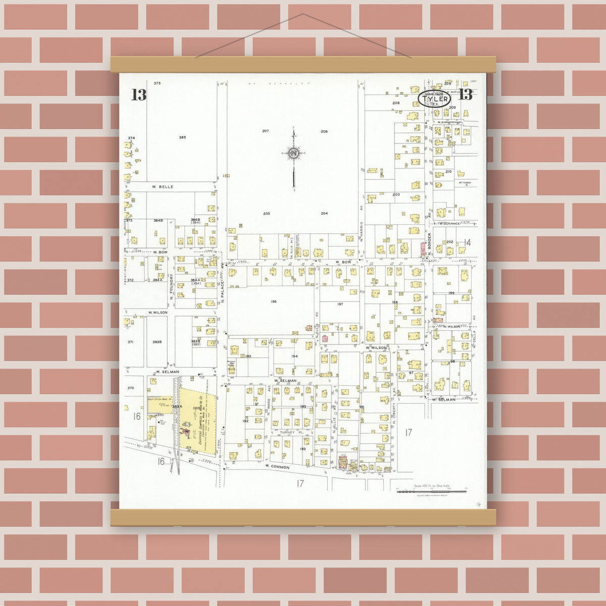 Old map wall art mockup — magnetic wood frame on brick wall — Sanborn Fire Insurance Map from Tyler, Smith County, Texas (1928), Sheet #0013