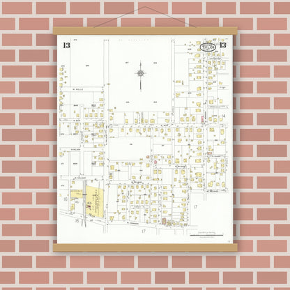 Old map wall art mockup — magnetic wood frame on brick wall — Sanborn Fire Insurance Map from Tyler, Smith County, Texas (1928), Sheet #0013